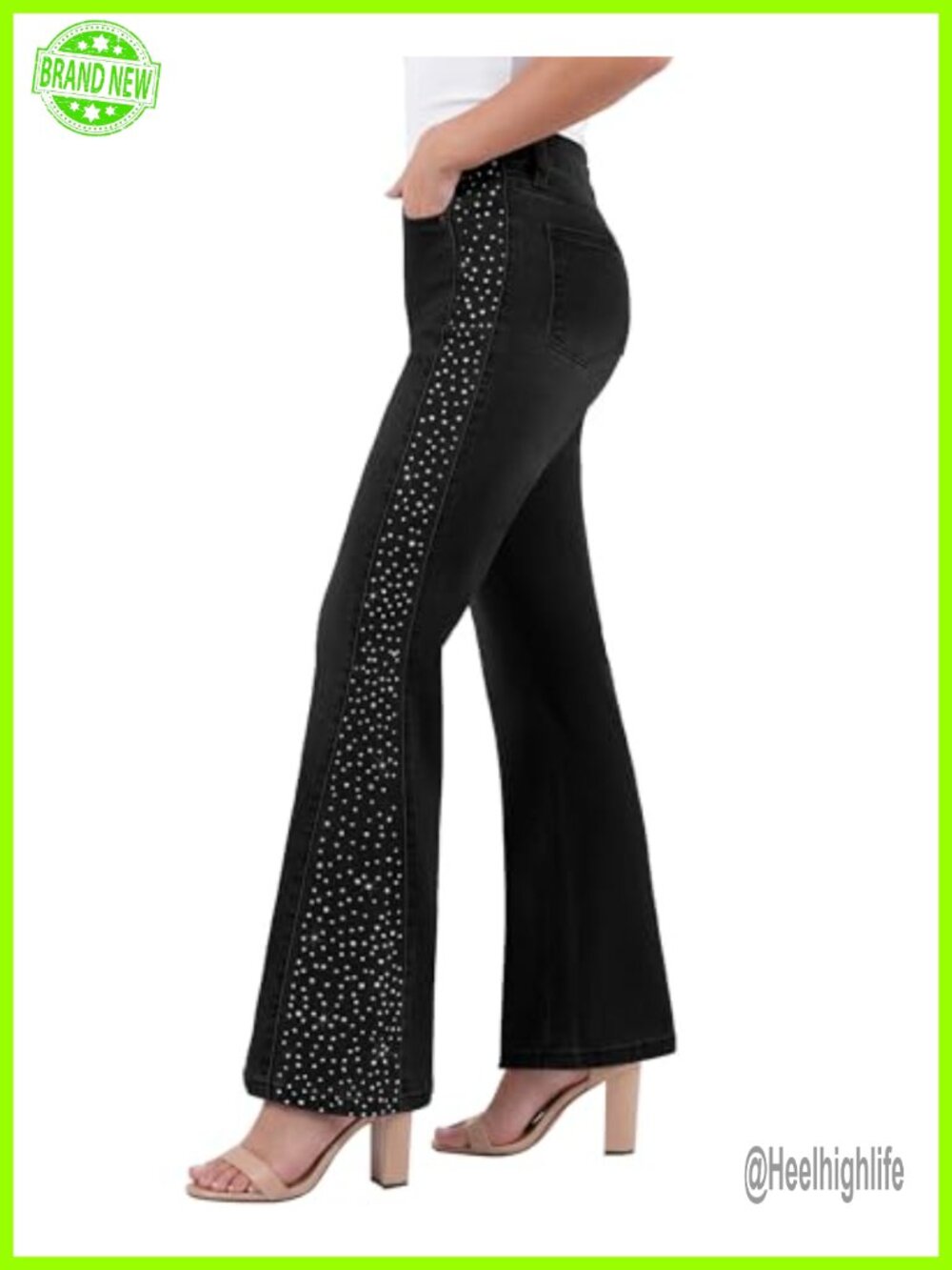 High Waisted Flare Jeans Rhinestone Embellished Stretchy Denim Pants